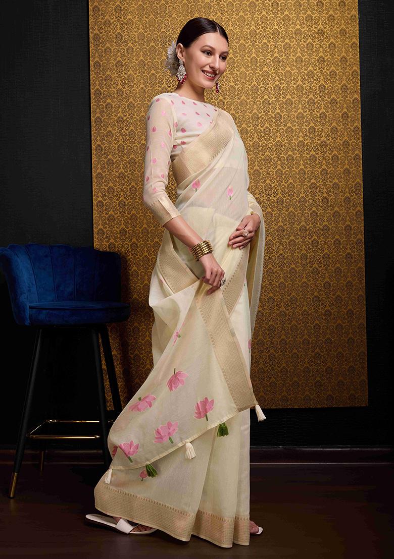 Cream Solid Linen Saree Set
