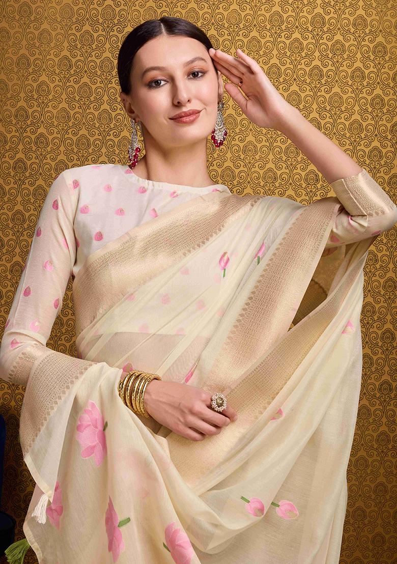 Cream Solid Linen Saree Set