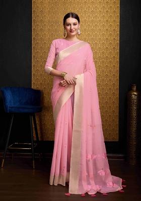 Pink Solid Linen Saree Set