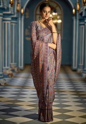 Purple Solid Silk Saree Set