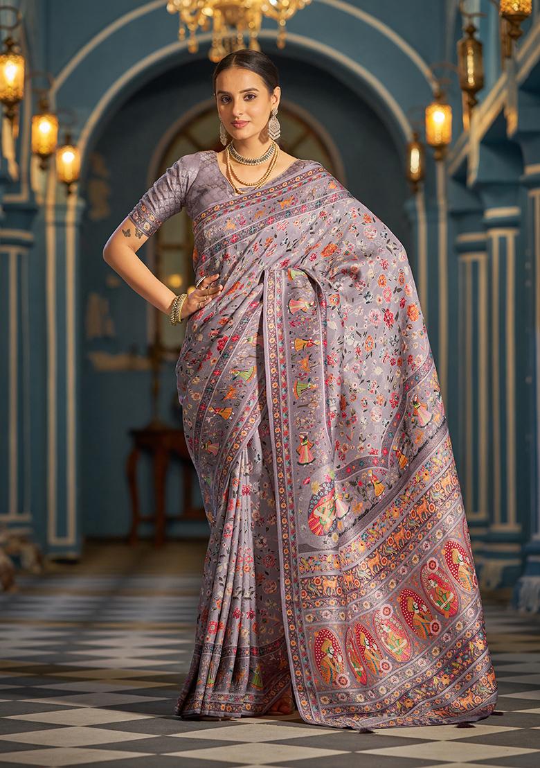 Purple Solid Silk Saree Set