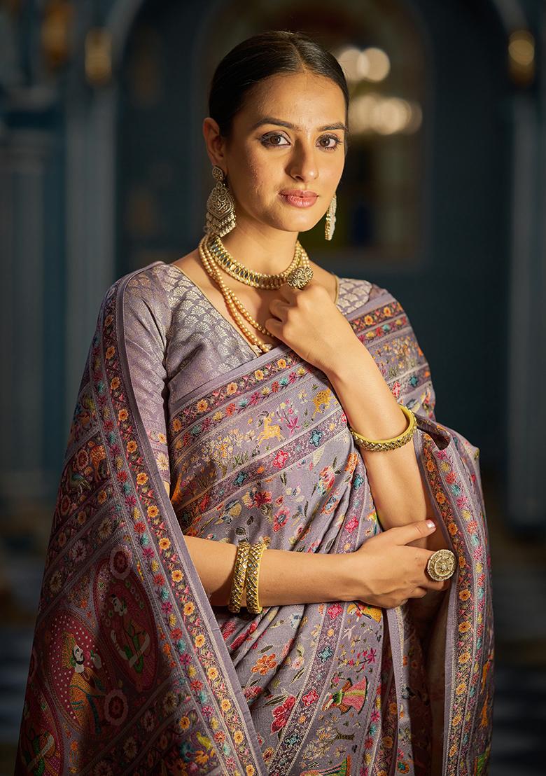 Purple Solid Silk Saree Set