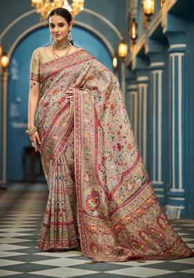 Cream Solid Silk Saree Set