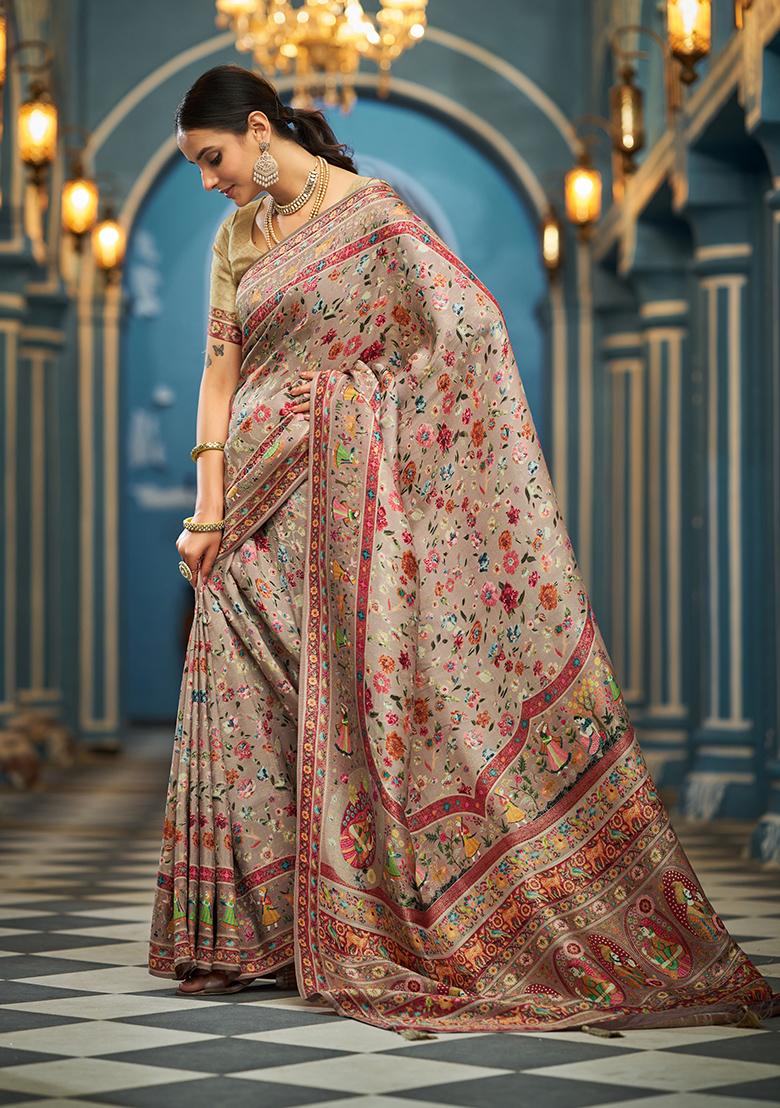 Cream Solid Silk Saree Set