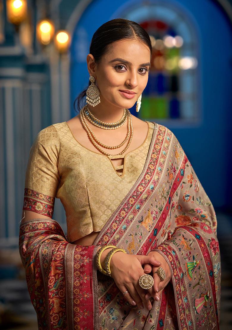 Cream Solid Silk Saree Set