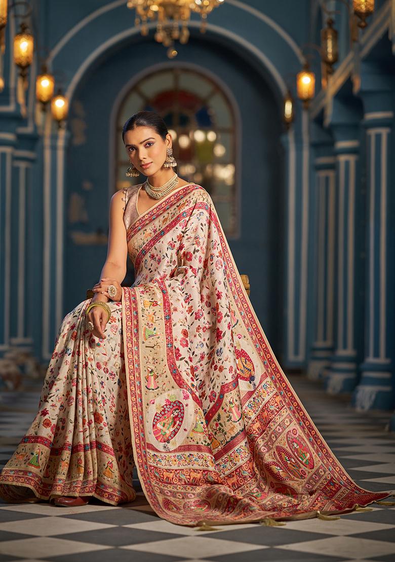 Cream Solid Silk Saree Set