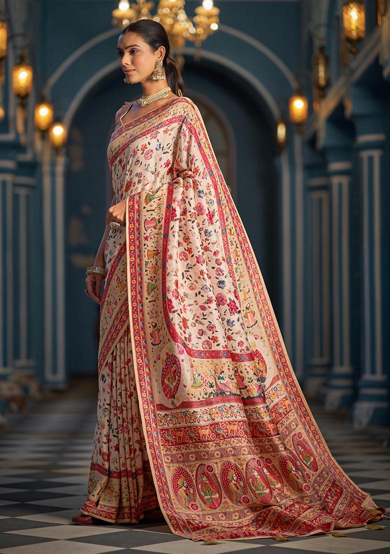 Cream Solid Silk Saree Set