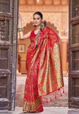 Red Solid Silk Blend Saree Set