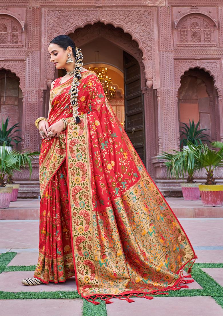 Red Solid Silk Blend Saree Set