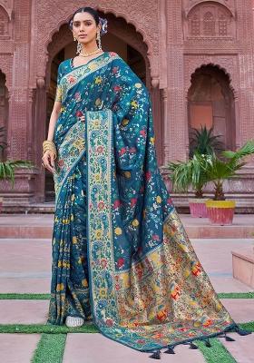 Firozi Blue Solid Silk Blend Saree Set