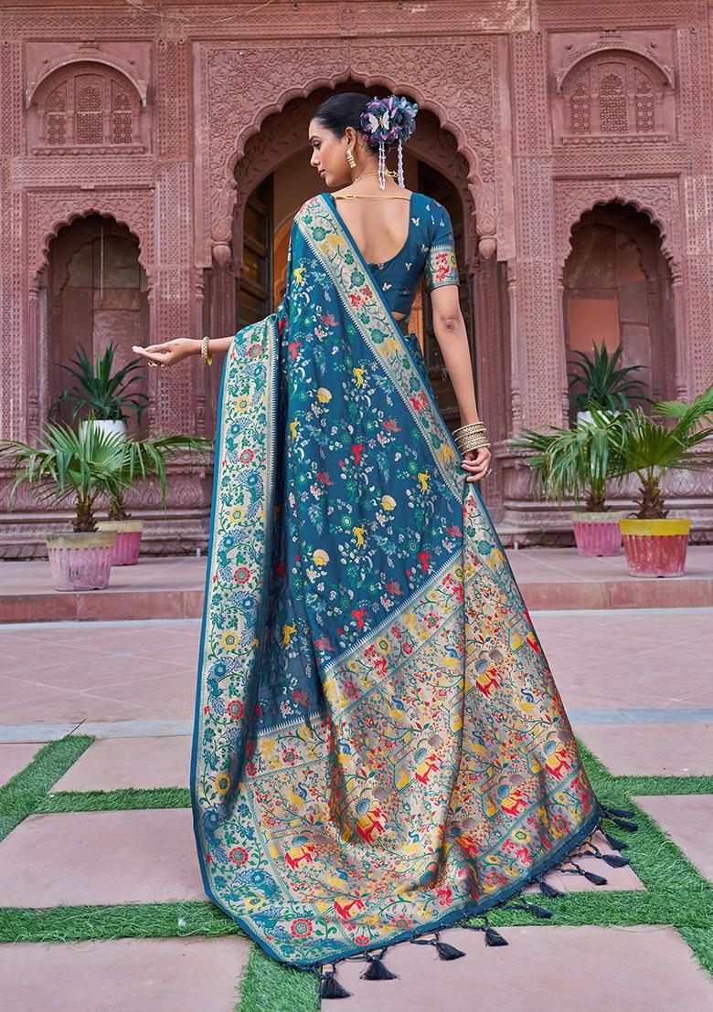 Firozi Blue Solid Silk Blend Saree Set