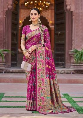 Pink Solid Silk Blend Saree Set