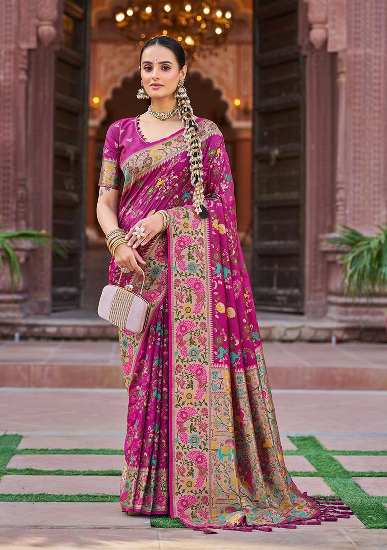 Pink Solid Silk Blend Saree Set for Diwali | Wedding & Festive Wear - Indya