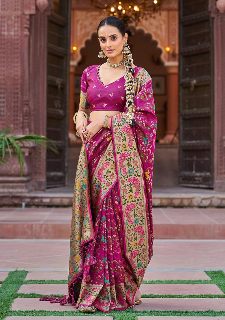 Pink Solid Silk Blend Saree Set