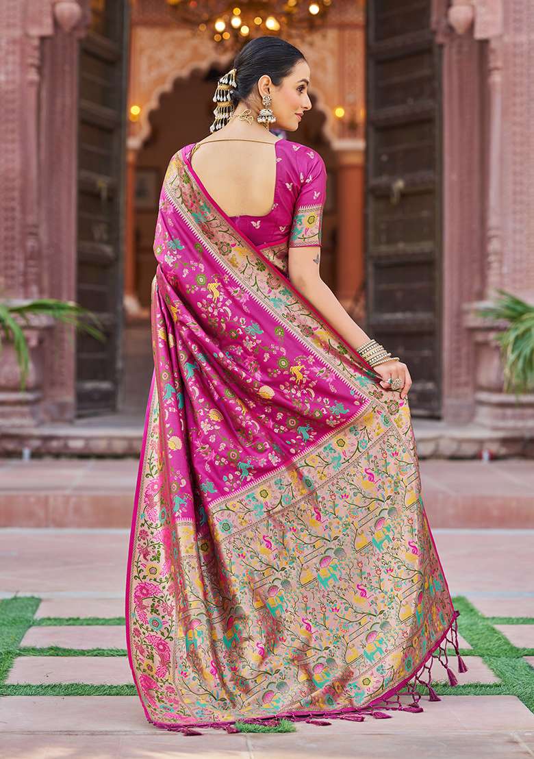 Pink Solid Silk Blend Saree Set for Diwali | Wedding & Festive Wear - Indya