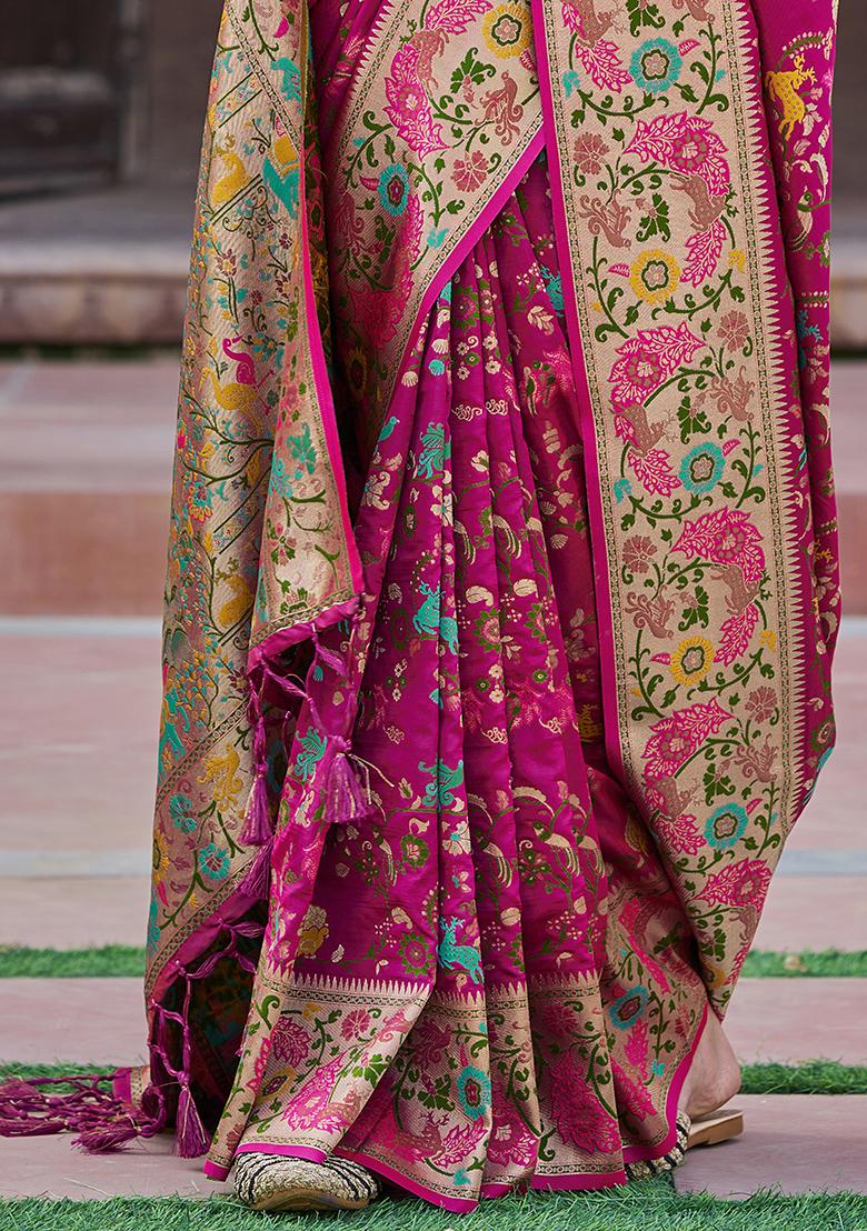 Pink Solid Silk Blend Saree Set