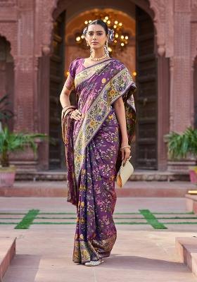 Purple Solid Silk Blend Saree Set