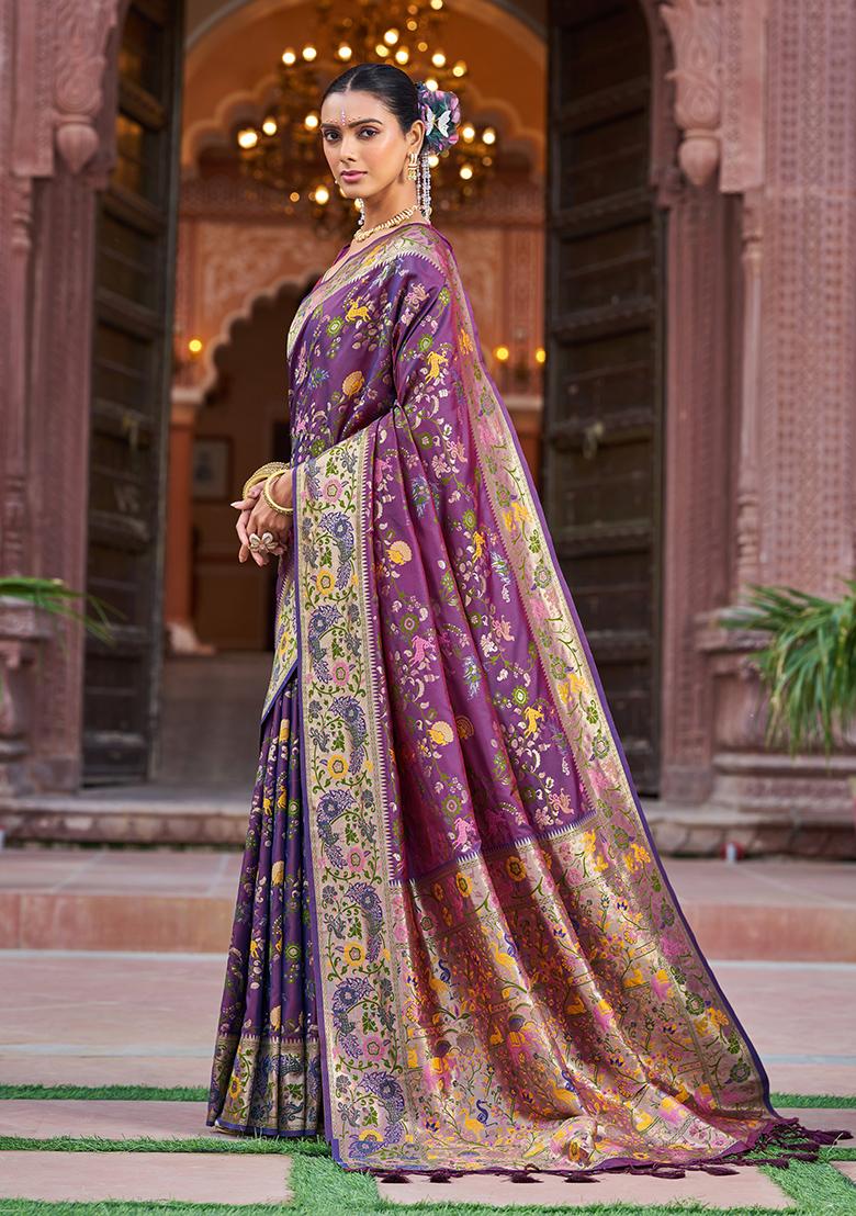 Purple Solid Silk Blend Saree Set