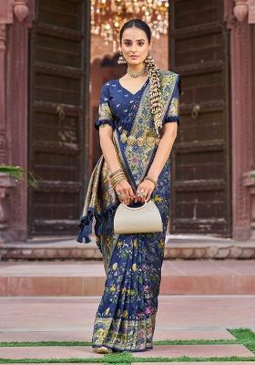 Blue Solid Silk Blend Saree Set