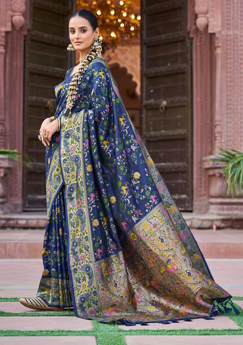 Blue Solid Silk Blend Saree Set