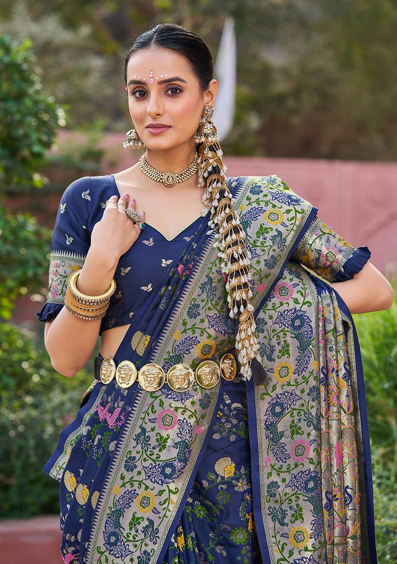 Blue Solid Silk Blend Saree Set