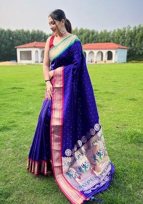 Blue Solid Silk Saree Set