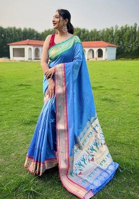 Firozi Blue Solid Silk Saree Set