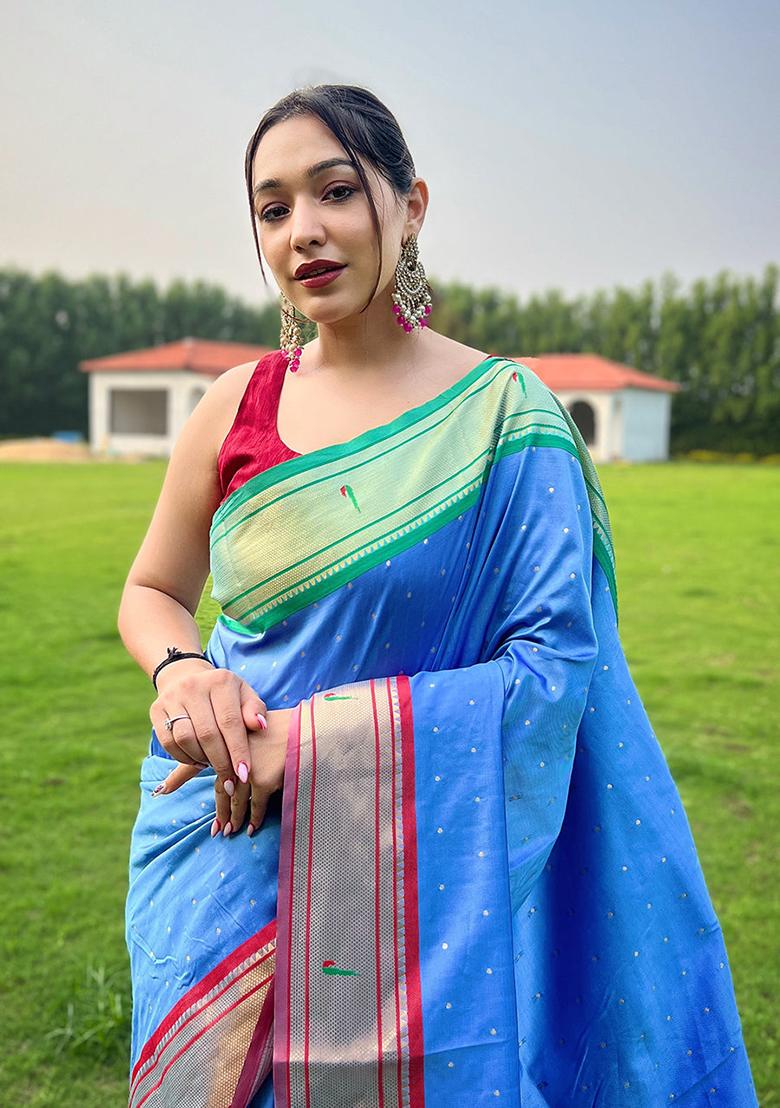 Firozi Blue Solid Silk Saree Set