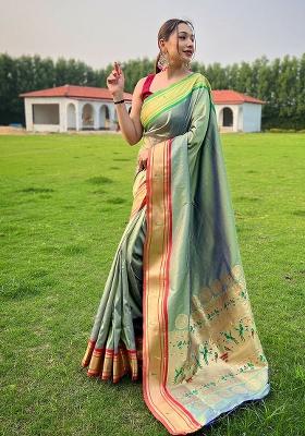 Green Solid Silk Saree Set