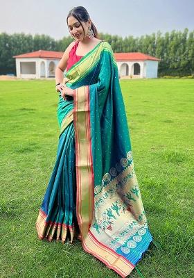 Firozi Blue Solid Silk Saree Set