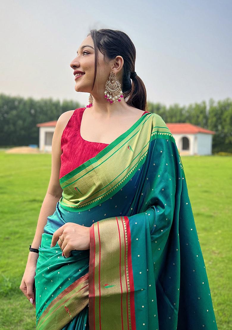 Firozi Blue Solid Silk Saree Set