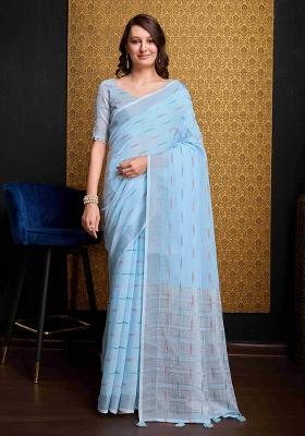 Firozi Blue Solid Organza Saree Set