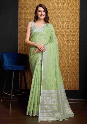 Green Solid Organza Saree Set