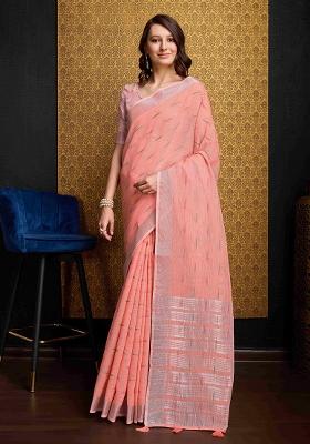 Peach Solid Organza Saree Set