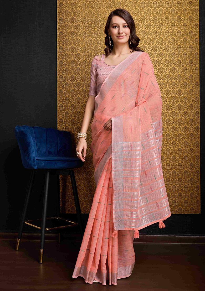 Peach Solid Organza Saree Set