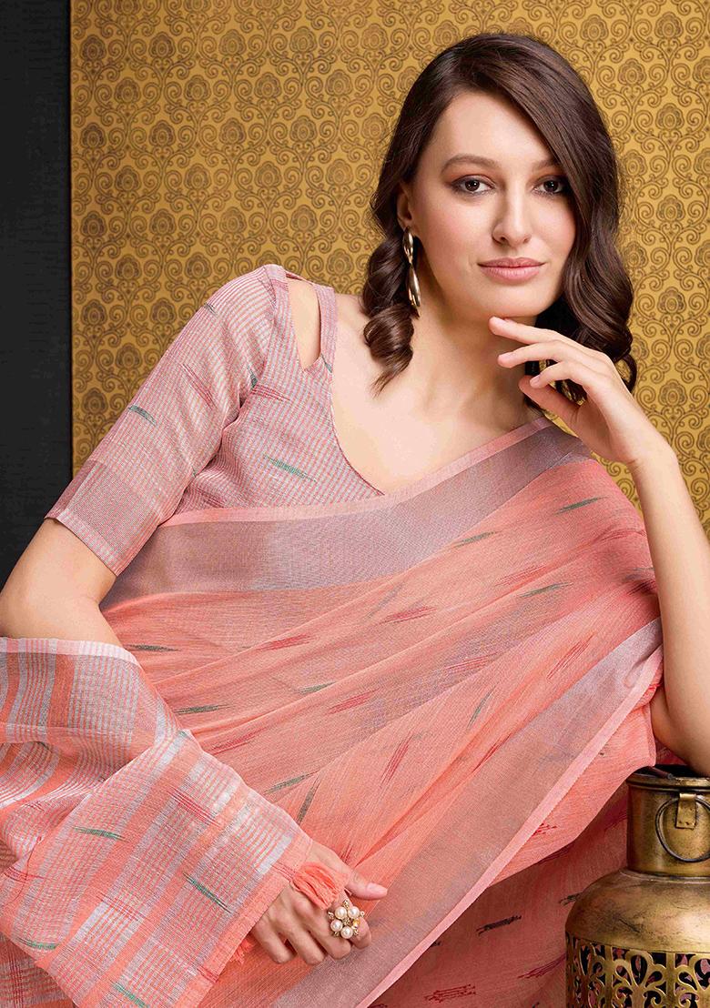 Peach Solid Organza Saree Set