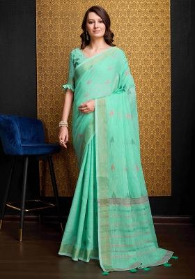 Green Solid Organza Saree Set