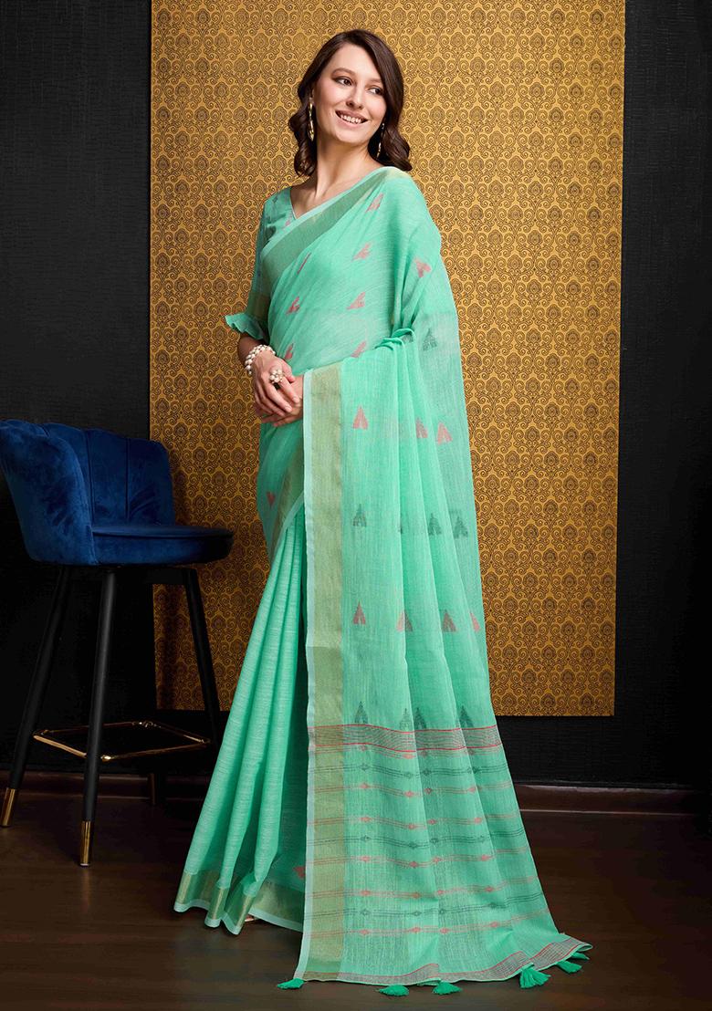 Green Solid Organza Saree Set
