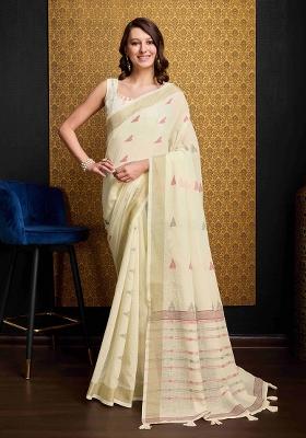 Cream Solid Organza Saree Set