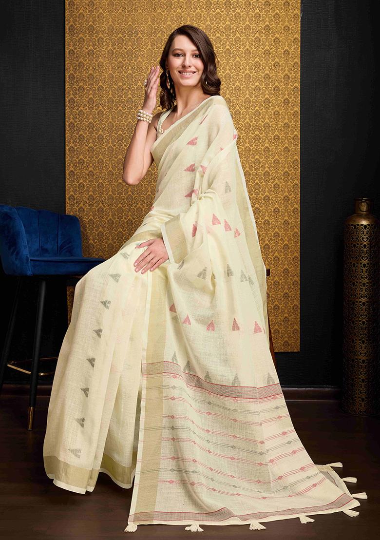Cream Solid Organza Saree Set