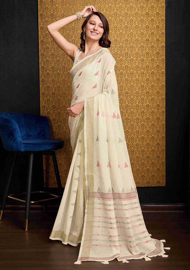 Cream Solid Organza Saree Set
