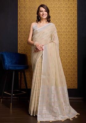 Cream Solid Organza Saree Set