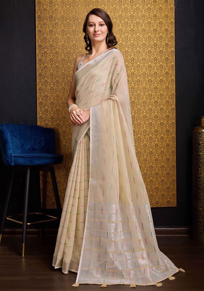 Cream Solid Organza Saree Set