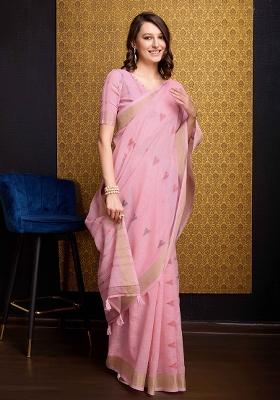 Pink Solid Organza Saree Set