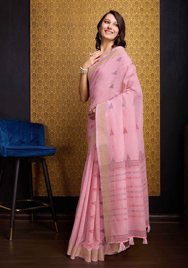 Pink Solid Organza Saree Set