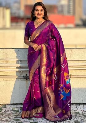 Purple Solid Silk Blend Saree Set