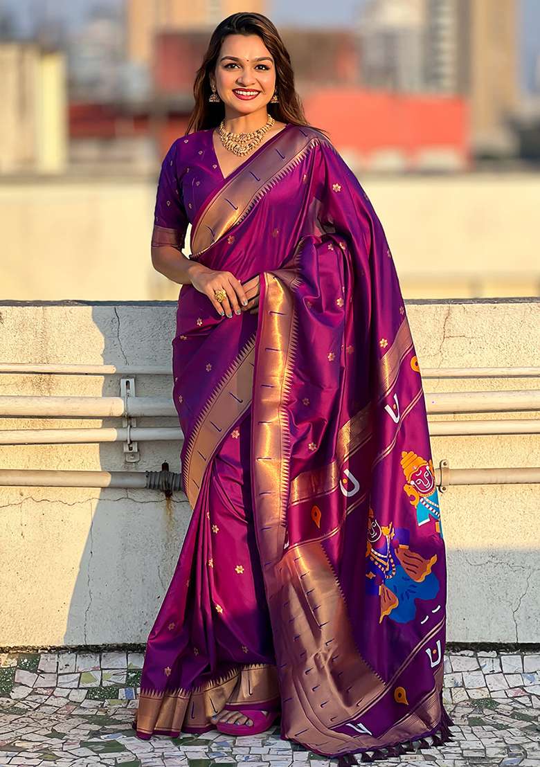 Purple Solid Silk Blend Saree Set for Diwali and Festive Wear - Indya