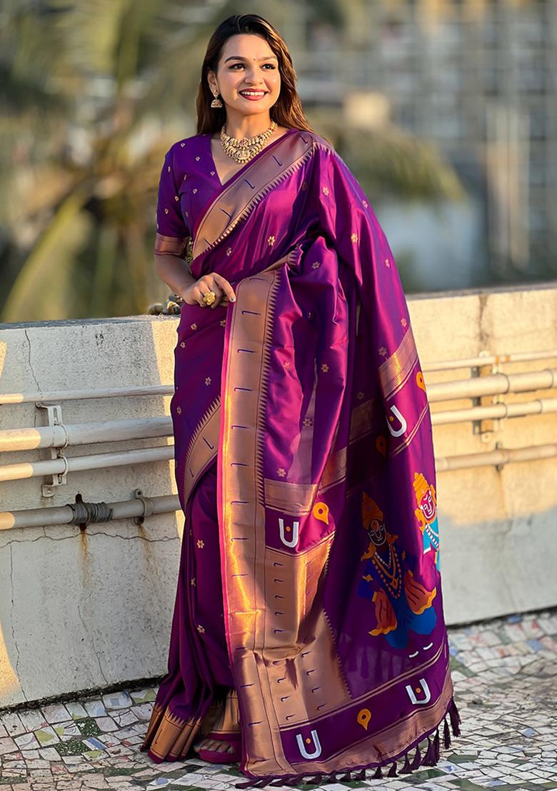 Purple Solid Silk Blend Saree Set