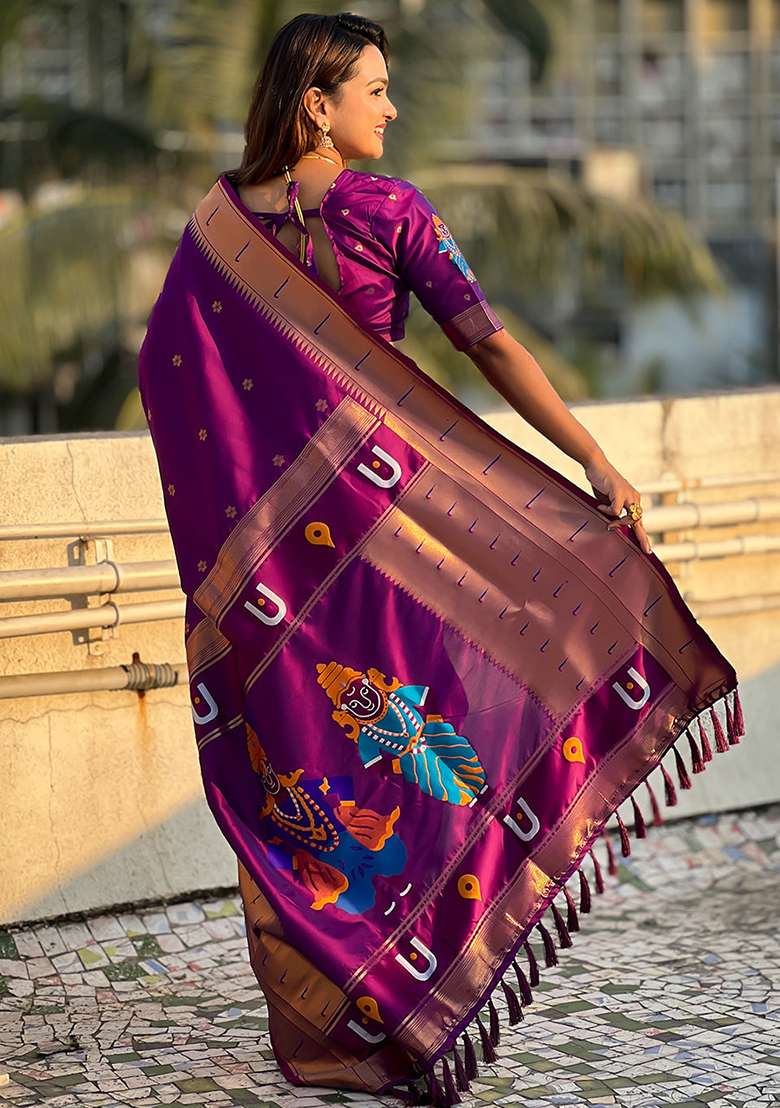 Purple Solid Silk Blend Saree Set for Diwali and Festive Wear - Indya