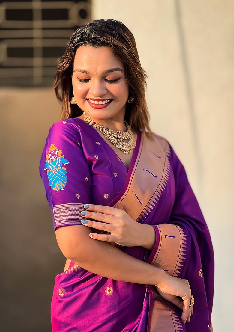 Purple Solid Silk Blend Saree Set